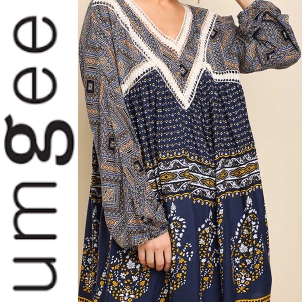 🌻NWT, Umgee Multi-Print Long Puff Sleeve Dress
